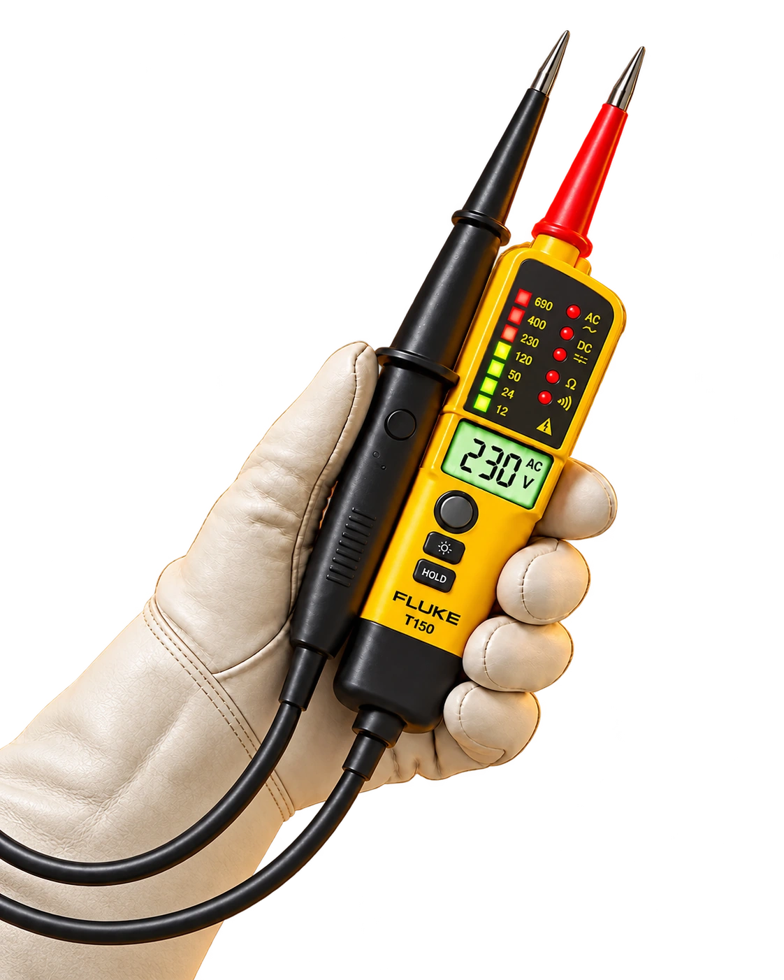 Illustrative Darstellung eines Fluke T150 mit 230 V AC auf dem Display, gehalten in einer behandschuhten Hand