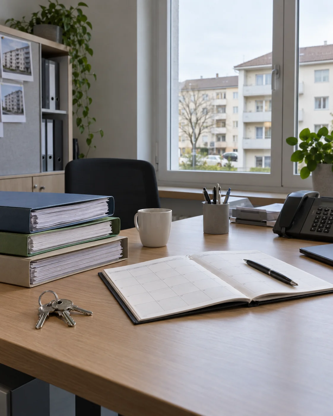 Illustration: Unterlagen, Kalender und Schlüssel zur Koordination von Liegenschaftskontrollen