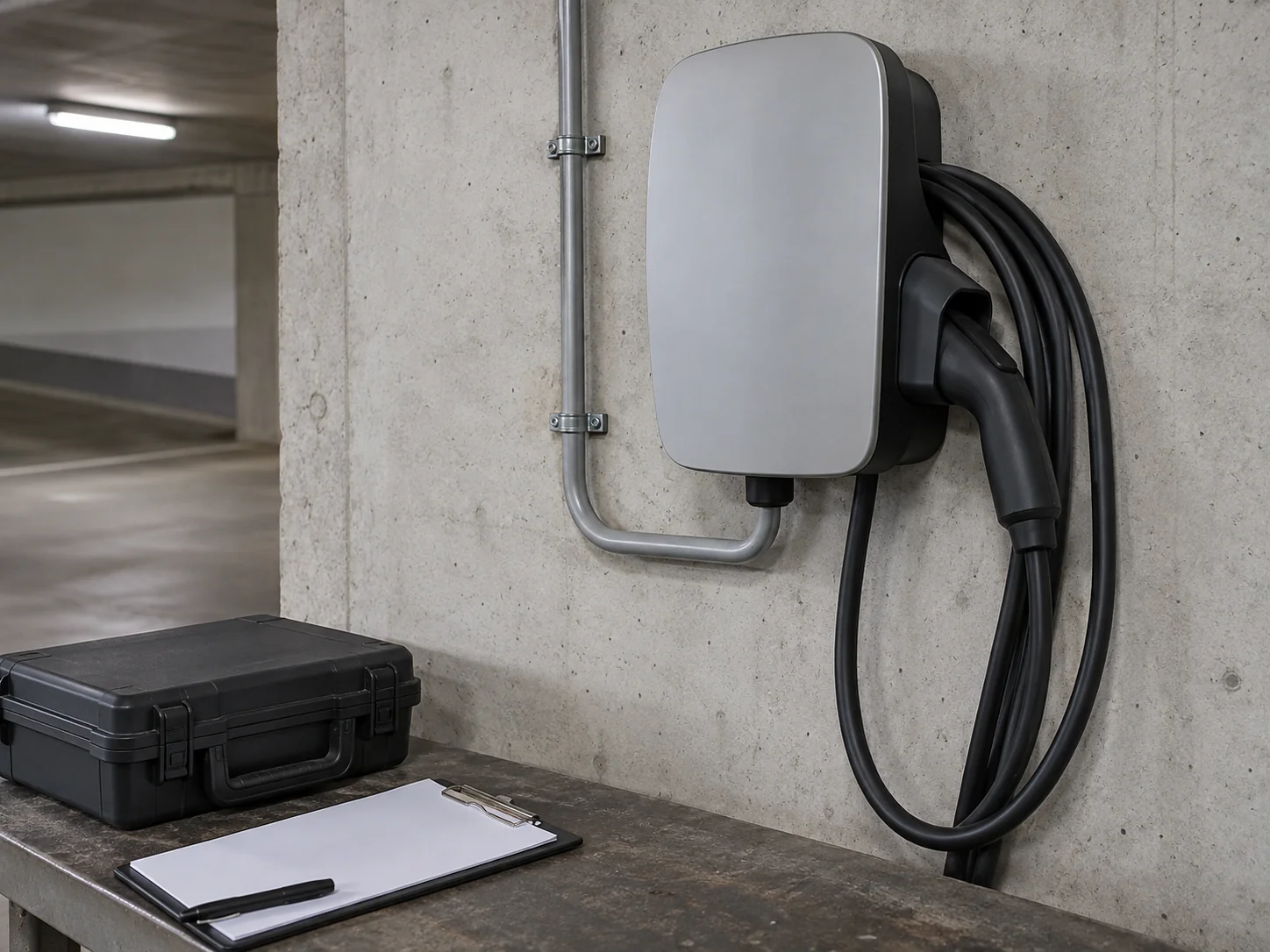Illustration: Ladestation mit ordentlich aufgehängtem Ladekabel und geschlossenen Prüfunterlagen