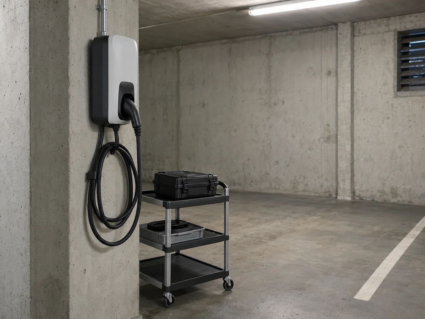 Illustration: Ladestation in einer Tiefgarage mit geschlossenem Prüfkoffer